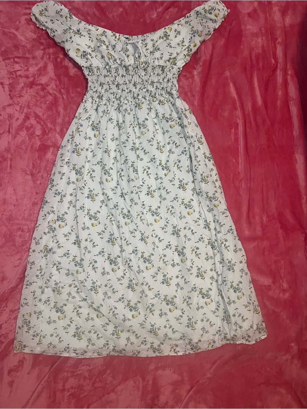 Women's Cap Sleeve Smocked Midi Dress - White Floral XL: Cottagecore